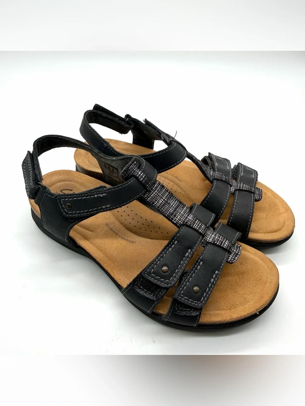 Clarks April Cove Flat Sandals Women 7.5 Black Leather Hook & Loop Comfort Boho